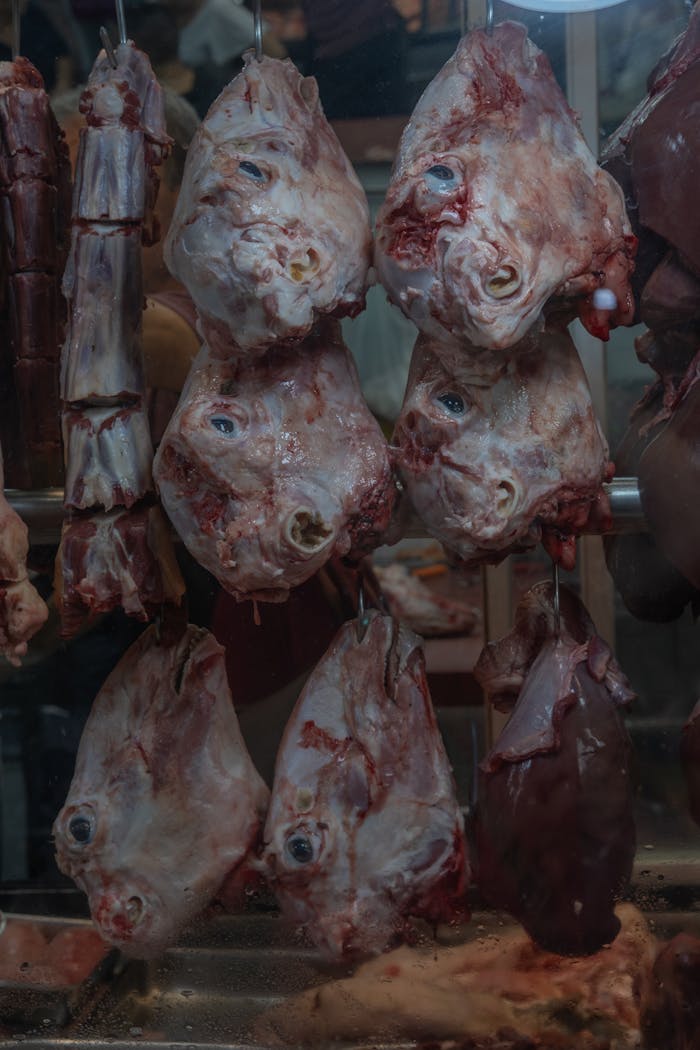 Services Close-up view of raw meat pieces hanging in a butcher shop in İzmir, Türkiye.
